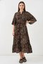 Women's Short Sleeve Gathered Waist Patterned Viscose Brown Dress - 6