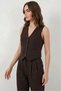 Women's Vest Collar High Waist Belted Cotton Brown Double Suit - 2