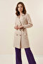 Women's Double-Breasted Collared Belted Beige Trench Coat - 2