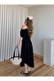 Black Long Dress with Gathered Shoulders - 206190 - 7
