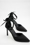 Women's Stoned Bow Detailed Ankle Strap Black Satin Stiletto Pointed Toe Thin Heeled Evening Dress Shoes - 8