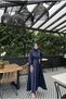 Lia Navy Blue Gathered Front Chanel Satin Fabric Luxurious Hijab Evening Dress - 5