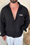 Chest Embroidered Box Fit Muslin Shirt Black - 2