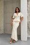 Women's Beige Lined V-Neck Blouse with Flywheel Detail Midi Skirt Bottom Top Two-Piece Summer Fabric Knitwear Set (Size S) - 2