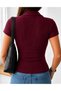 Women's Polo Collar Embroidered Flexible Fitted Summer Ribbed Cotton Burgundy Color Blouse T-Shirt - 2