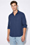 Men's Navy Blue Breathable Half Oversize Muslin Fabric Long Sleeve Collared Shirt 60001001 - 4