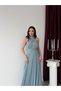 Baby Blue Halter Neck Long Evening Dress with Waist Detail - 4