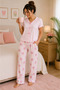 Women's Pink Heart Balloon Patterned Pajama Set Short Sleeve Comfortable Home Wear