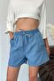 Woman's elastic waist double pocket denim shorts blue - 1180 - 2