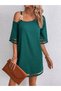 Women's One-Shoulder Open Strap Tulle Ribbon Detailed Short Janjan Crepe Dress - 4