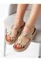Women's High Sole Stone Detailed Cork Sole Slippers-Beige - 2