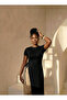 Women's Black Crew Neck Asymmetrical Cut Long Blouse / Tunic with Side Deep Slits and Lace Detail - 3