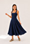 Navy Blue Linen Strap Square Neck A-Line Panel Detailed Cotton Midi Dress