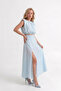 Polka Dot Patterned Shoulder Top, Gathered Detail, Slit Midi Set - 5