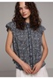 Fashion Fit Round Neck Metered Printed Women's Navy Blue Short Sleeve Shirt