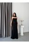 Black Strapless Floral Motif Long Evening Dress with Shawl Detail - 2