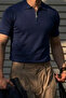 Men's Zippered Short Sleeve Navy Blue Polo Collar T-Shirt - 5