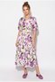 Women's Ecru Purple Floral Patterned Belt Detailed Balloon Sleeve Poplim Midi Shirt Dress 5212 60286350