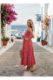 Women's Red and White Striped Summer Strap Long Dress - 4