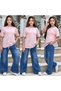 Girl's Stone Detailed T-Shirt and Jean Pants Two-Piece Set - Summer Combination 100% Cotton - 3