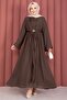 Gold Brooch Self-Bolero Dress Coffee Color - 4