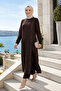 Women's Pearl Embellished Brown Tunic-Pants Two-Piece Set - 3
