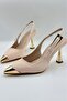 Metal Accessory Detailed Gold Heeled Shoes Stiletto Beige Satin