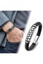 River Stone Motif Steel Locking Black Leather Men's Bracelet. 18391B8D4 Stainless Steel Colorfast Gift