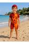 Boy's Yellow Red Short Sleeve Boneli Football Ball Patterned Tight Weaving Quick Drying Swimsuit Set
