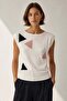 Ecru Geometric Patterned Crew Neck 100% Cotton Women's Knitwear Blouse