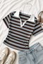Soul Stripe Patterned Polo Collar Ribbed Lycra Premium Short Sleeve Blouse with Gathered Sides - 6