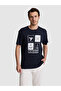 Navy Blue Regular Fit Printed Cotton Blend Crew Neck T-Shirt 50320529-Vr033