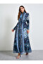 Navy Blue All Over Print Plisse Abaya with Tie-Belt