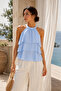 Women's Blue Layered Ruffled Halter Neck Blouse