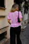 Women's Pink Double Breasted Collar Ruffle Detailed Short Sleeve Tie Front Blouse Arm-26Y001075 - 2