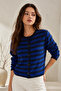 Women's Blue Buttoned Long Sleeve Striped Knitwear Cardigan - 2