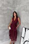 Women's Burgundy Double-Breasted Layered Belted Midi Dress Nbk4674