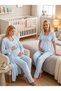 New Season Blue Buttoned Breastfeeding Feature Scallop Linen Detailed Design Short Sleeve 100% Cotton Maternity Pajama Set