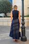 Navy Blue Crew Neck Zero Sleeve Flared Skirt Women's Denim Midi Dress - 5