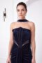 Women's Navy Blue Strapless Collar Slit Long Glitter Evening Dress - 3
