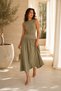 Women's Khaki Sleeveless Low Waist Shirred Midi Dress