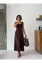 Crep Women's Square Neck Maxi Dress with Straps Sandy Fabric Flared Cut Brown Dress - 2