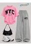 Summer Girl Boy Unisex Kids Nyc Printed Gray Sweatpants and T-Shirt - 3