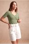Women's Green Striped Cotton / Elastane Regular Fit V-Neck Short Sleeve Shirred T-Shirt Bennett - 4