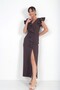 Women's Shoulder Rose Embroidered Lined Long Dress with Front Slit and Flounce