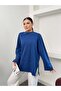 Women's Crew Neck Double Layered Wide Cut Tunic with Side Slits 9086 - Blue - 5