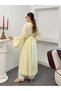 Women's V-Neck Waist-Tied Gold Detailed Wide Sleeve Jacquard Patterned Long Kimono 9088 - Yellow - 8