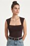 Women's Palma Square Neck Side Gathered Sleeveless Knitted Brown Blouse - 2