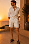 Men's White Linen Textured Shorts with Pockets - Breathable Fabric - 3