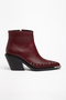 Burgundy Matte Leather Flat Trok Detail Zippered Metal Toe Western Cowboy Short Ankle Boots - 3